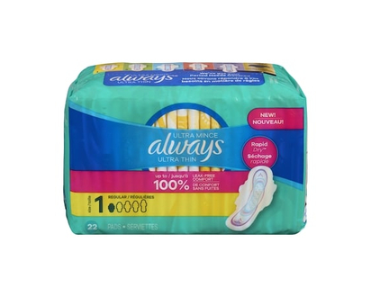 Always Ultra Thin Feminine Pads with Wings for Women, Size 1, Regular Absorbency, Unscented, 22 Count - 22.0 EA