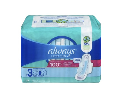 Always Ultra Thin Feminine Pads with Wings for Women, Size 3, Extra Long Super Absorbency, Unscented, 17 Count - 17.0 EA