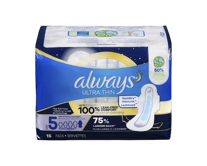 Serviettes Always Ultra Thin de nuit, flux très abondant, avec ailes taille 5 non parfumées, 15 serviettes - 15 CHA