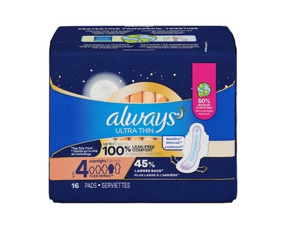 Always Ultra Thin Overnight Pads with Flexi-Wings, Size 4, Overnight, Unscented, 16 Count - 16.0 EA