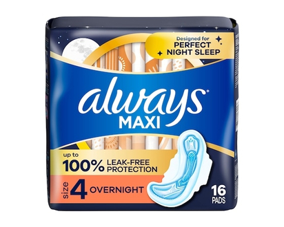 Always Maxi Overnight Pads with Wings for Women, Size 4, Overnight Absorbency, Unscented, 16 Count - 16.0 EA