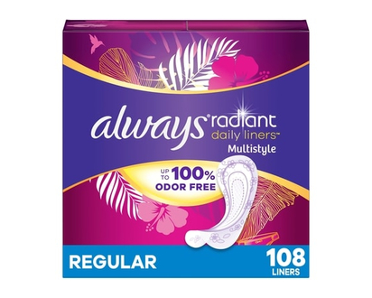 Protège-dessous quotidiens Always Radiant polyvalents, degré d’absorption régulier, non parfumés, protection jusqu’à 100 % sans odeurs - 108 CHA
