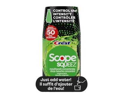 Crest Rince-bouche concentré Scope Squeez, Menthe originale, équivaut au nombre d’utilisations contenues dans une bouteille allant jusqu’à 1L vs le ri