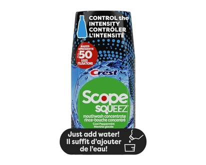 Crest Rince-bouche concentré Scope Squeez, Menthe glacée, équivaut au nombre d’utilisations contenues dans une bouteille allant jusqu’à 1L *vs le rinc