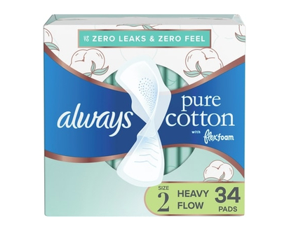 Always Pure Cotton Feminine Pads for Women, Size 2, Heavy, with wings, unscented - 34 EA