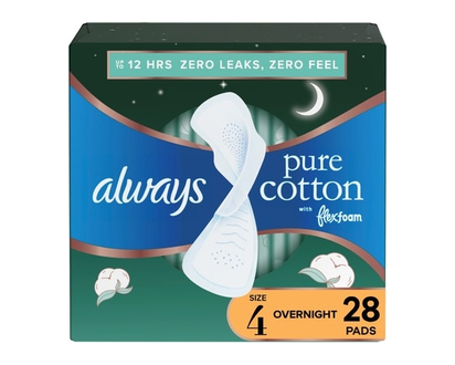 Always Pure Cotton Feminine Pads for Women, Size 4, Overnight, with wings, Unscented, 28 CT - 28.0 EA