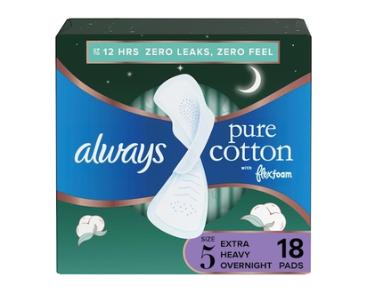 Always Pure Cotton Feminine Pads for Women, Size 5, Extra Heavy Overnight, with wings, Unscented - 18 EA