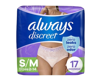 Always Culottes d’incontinence et de post-partum pour adultes, protègent jusqu’à 100% contre les fuites urinaires, pour femmes, taille P/M, 17culottes