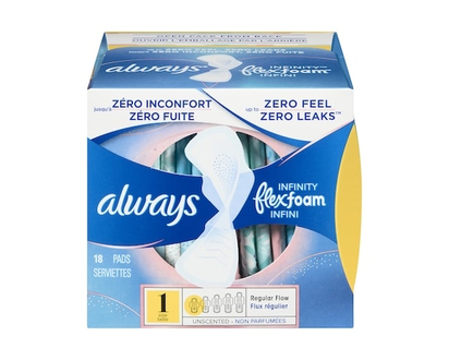 Always Infinity Feminine Pads for Women, Flexfoam Pads with Wings, Size 1, Regular Absorbency, Unscented, 18 CT - 18.0 EA