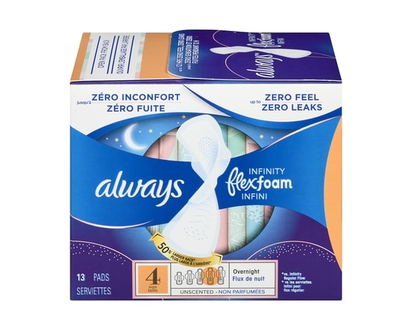 Always Infinity Feminine Pads for Women, Flexfoam Pads with Wings, Size 4, Overnight Absorbency, Unscented, 13 CT - 13.0 EA
