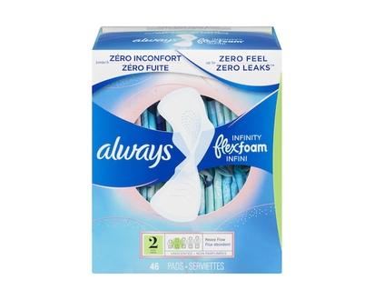 Always Infinity Feminine Pads for Women, Flexfoam Pads with Wings, Size 2, Heavy Absorbency, Unscented, 46 CT - 46.0 EA