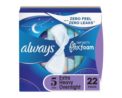 Always Infinity Feminine Pads for Women, Flexfoam Pads with Wings, Size 5, Extra Heavy Overnight Absorbency, Unscented, 22 CT - 22.0 EA