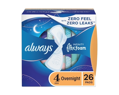 Always Infinity Feminine Pads for Women, Flexfoam Pads with Wings, Size 4, Overnight Absorbency, Unscented, 26 CT - 26.0 EA