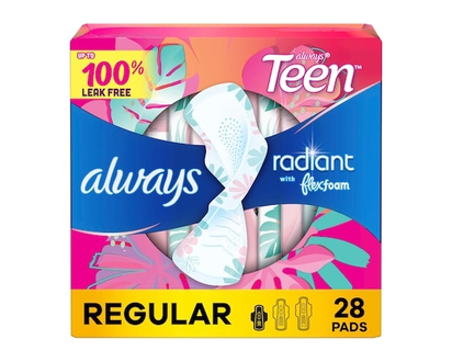 Always Serviettes Radiant, flux régulier, avec ailes, pour adolescentes, taille 1, non parfumées, 28 serviettes - 28 CHA