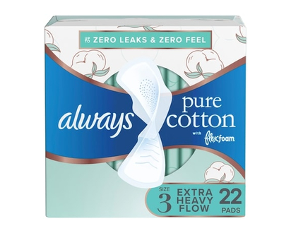 Always Pure Cotton Feminine Pads for Women, FlexFoam Pads with Wings, Size 3, Extra Heavy Flow Absorbency, Unscented, 22 CT - 22.0 EA