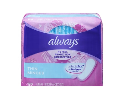 Always Thin No Feel Protection Daily Liners, Regular Absorbency, Unscented, 120 Count - 120.0 EA
