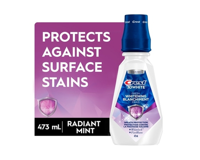 Crest 3D White Fresh Whitening Mouthwash/Mouth Rinse, Prevents Surface Stains, Kills Millions of Bad Breath Germs, Alcohol-Free, tic Mint Flavor - 473