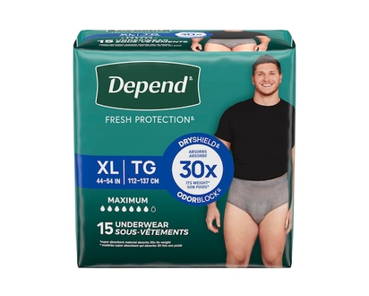 Depend Sous-vêtement d’incontinence Fresh Protection pour hommes, degré d’absorption maximal, TG, gris, - 15 CHA