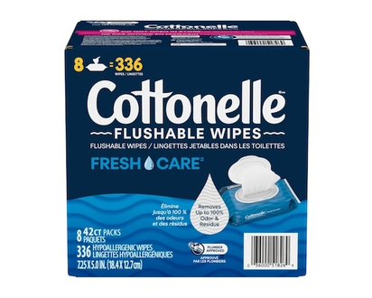 Cottonelle Lingettes humides jetables dans les toilettes Fresh Care, lingettes humides pour adultes, 8 paquets avec couvercle rabattable, 42 lingettes