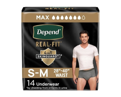 Sous-vêtement d’incontinence jetable Depend Real Fit pour hommes, absorption maximale, petit/moyen, noir et gris - 14 CHA