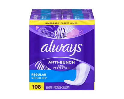 Protège-dessous quotidiens Always Anti-Bunch Xtra Protection, non parfumés, régulier, Anti-Bunch aide à rester confortable, 108 u - 108 CHA