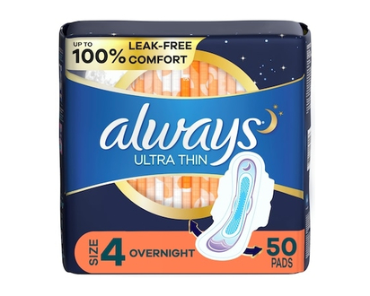 Always Ultra Thin Overnight Pads with Flexi-Wings, Size 4, Overnight, Unscented, 50 Count - 50.0 EA