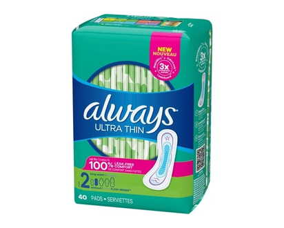 Always Ultra Thin Pads Size 2 Long Absorbency Unscented without Wings, 40 Count - 40 EA