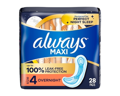 Always Maxi Overnight Pads without Wings, Size 4, Overnight, Unscented, 28 CT - 28.0 EA