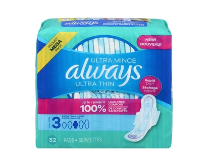Always Serviettes féminines Ultra Thin, extra longues, degré d’absorption super, avec ailes, pour femmes, taille 3, non parfumées, 52 serviettes - 52.