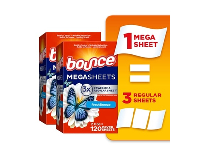Bounce WrinkleGuard Mega Dryer Sheets, 120 Count, Wrinkle Release Fabric Softener Sheets with Outdoor Fresh Scent - 120.0 EA