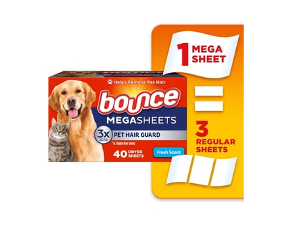 Bounce Pet Hair & Lint Guard Mega Dryer Sheets with 3X Pet Hair Fighters, Fresh Scent, 40 Count - 40.0 EA