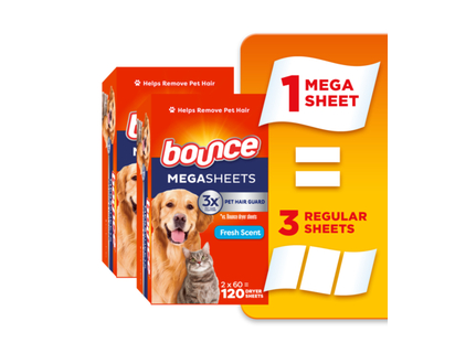Bounce Pet Hair and Lint Guard Mega Dryer Sheets with 3X Pet Hair Fighters, Fresh Scent, 120 Count - 120.0 EA