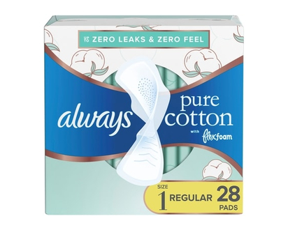 Always Pure Cotton Feminine Pads for Women, Size 1, Regular, with wings, unscented, 28 CT - 28.0 EA