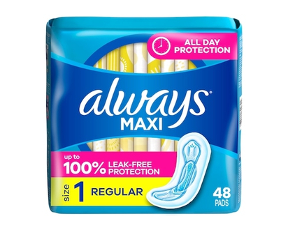 Always Maxi Pads Size 1 Regular Absorbency Unscented without Wings, 48 Count - 48 EA