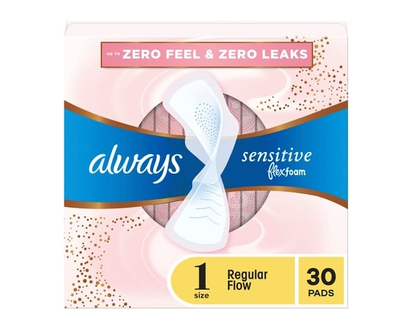 Always Sensitive FlexFoam Pads for Women, Size 1, Regular Flow Absorbency, Unscented with Wings, 30 ct. - 30.0 EA