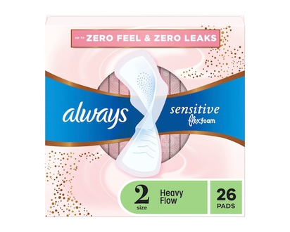 Always Sensitive FlexFoam Pads for Women, Size 2, Heavy Flow Absorbency, Unscented with Wings, 26 ct - 26.0 EA
