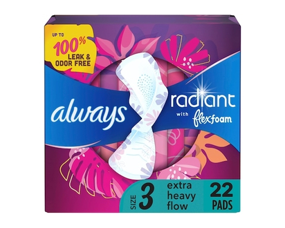 Always Radiant FlexFoam Pads for Women Size 3, Extra Heavy Flow Absorbency, 100% Leak & Odor Free Protection is possible, with Wings, Scented, 22 Coun