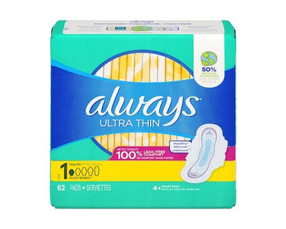 Always Ultra Thin Feminine Pads with Wings for Women, Size 1, Regular Absorbency, Unscented, 62 Count - 62.0 EA