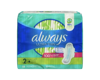Always Ultra Thin Feminine Pads with Wings for Women, Size 2, Long Super Absorbency, Unscented, 58 Count - 58.0 EA