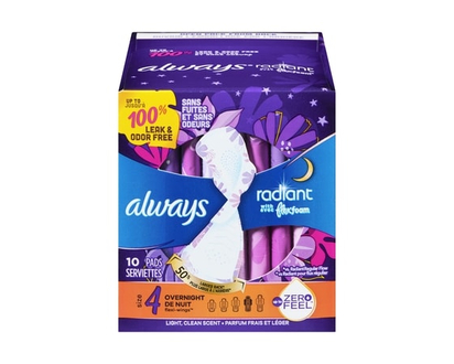 Always Radiant FlexFoam Pads for Women Size 4 Overnight Absorbency with Wings, 10 Count - 10 EA