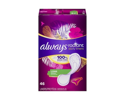 Protège-dessous quotidiens Always Radiant longs, non parfumés, protection jusqu’à 100 % sans odeurs, 46 protège-dessous - 46 CHA