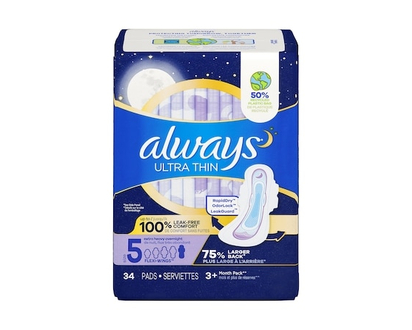 Always Ultra Thin Overnight Pads with Flexi-Wings, Size 5, Extra Heavy Overnight, Unscented, 34 Count - 34.0 EA