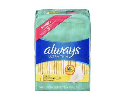 Always Ultra Thin Feminine Pads with Wings for Women, Size 1, Regular Absorbency, Unscented, 46 Count - 46.0 EA