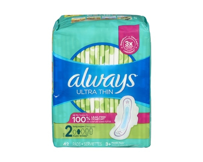 Always Ultra Thin Feminine Pads with Wings for Women, Size 2, Long Super Absorbency, Unscented, 42 Count - 42.0 EA