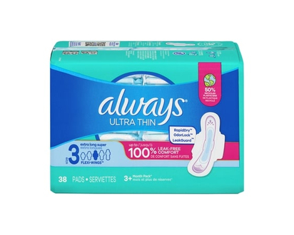 Always Ultra Thin Feminine Pads with Wings for Women, Size 3, Extra Long Super Absorbency, Unscented, 38 Count - 38.0 EA