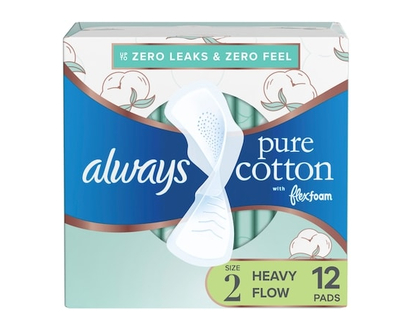 Always Pure Cotton Feminine Pads for Women, Size 2, Heavy, with wings, unscented, 12 CT - 12.0 EA