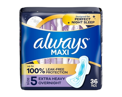 Always Maxi Overnight Pads with Wings, Size 5, Extra Heavy Overnight, Unscented, 36 count - 36.0 EA