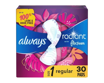 Always Radiant Feminine Pads for Women, Size 1 Regular, with Wings, Light Clean Scent, 30 CT - 30.0 EA