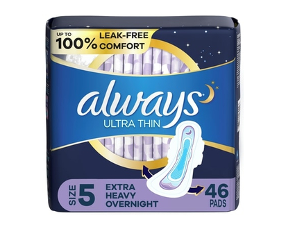 Always Ultra Thin Overnight Pads with Flexi-Wings, Size 5, Extra Heavy Overnight, Unscented, 46 Count - 46.0 EA