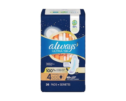 Always Ultra Thin Overnight Pads with Flexi-Wings, Size 4, Overnight, Unscented, 26 Count - 26.0 EA